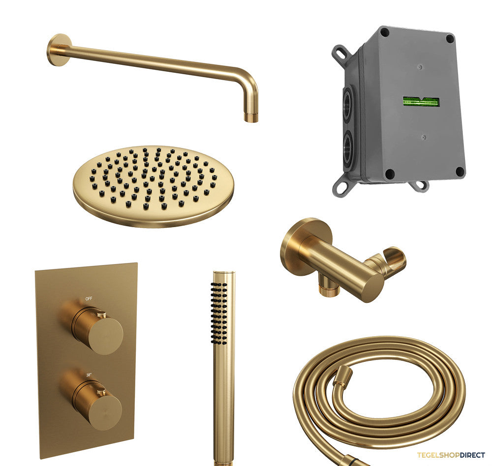 Regendoucheset Inbouw Brauer Gold Edition Thermostatisch 20cm met 3-Weg Omstelling, Gebogen Wandarm en Staaf Handdouche Geborsteld Goud – afbeelding 2