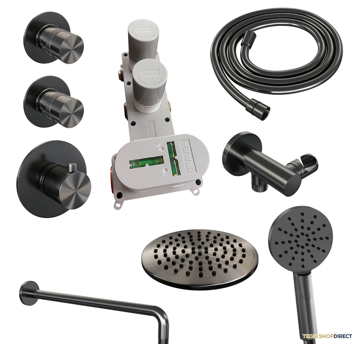 Regendoucheset Inbouw Brauer Gunmetal Edition Thermostatisch 20cm met Gebogen Wandarm en Handdouche 3-Standen Losse Stopkranen Geborsteld Gunmetal – afbeelding 3