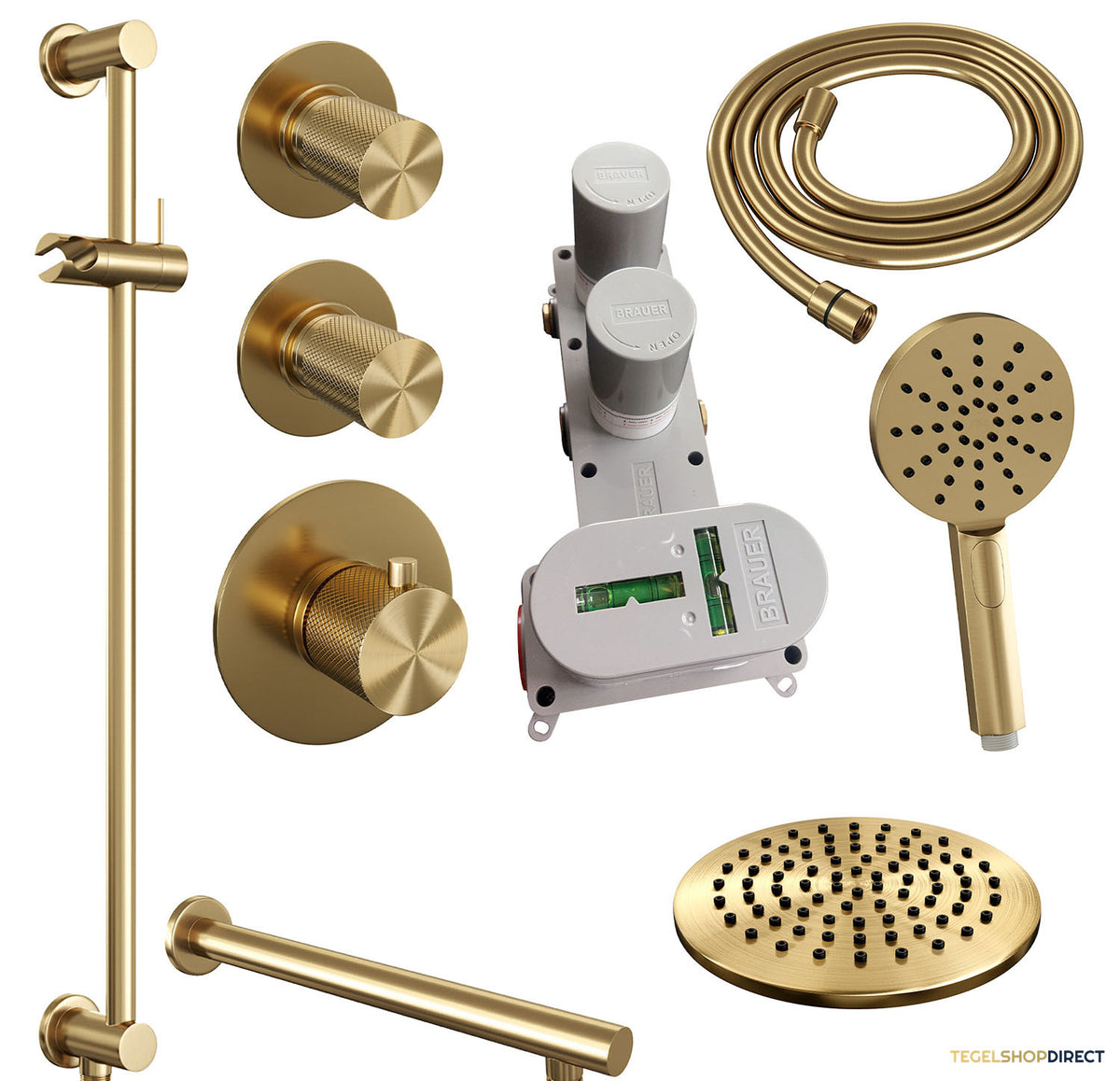 Regendoucheset Inbouw Brauer Gold Carving Thermostatisch 20cm met Wandarm, Glijstang en Handdouche 3-Standen Losse Stopkranen Geborsteld Goud – afbeelding 4