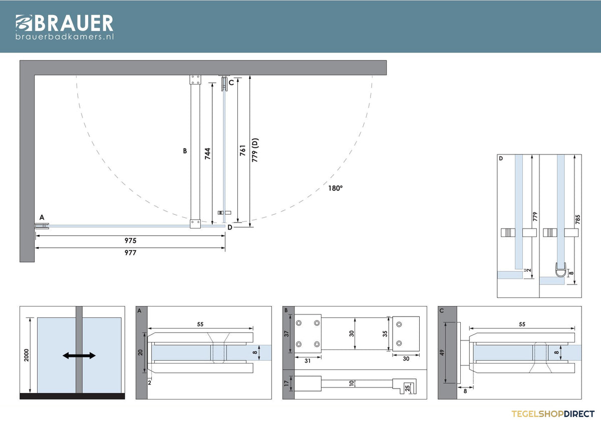 BRAUER Void douchecabine met draaideur helder glas 80x100x200 incl. glascoating PVD koper geborsteld – afbeelding 7