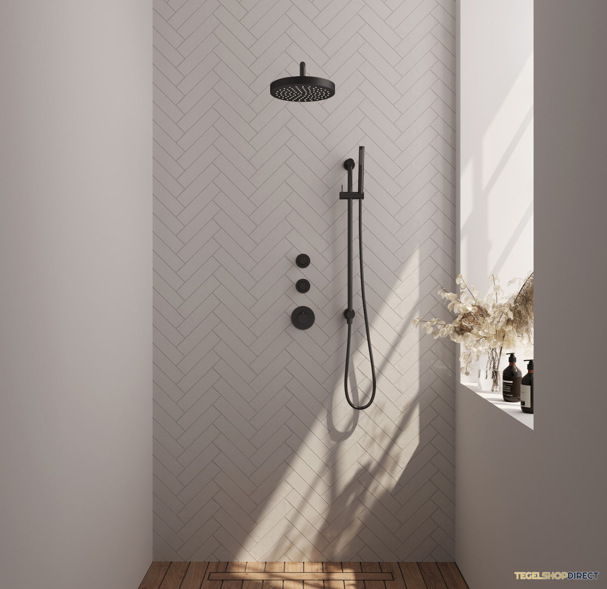 Brauer Stripe thermostatische inbouw regendouche SET 08 met 25 cm douchekop en gebogen muurarm en staaf handdouche en doucheslang en geintegreerde glijstang mat zwart – afbeelding 2