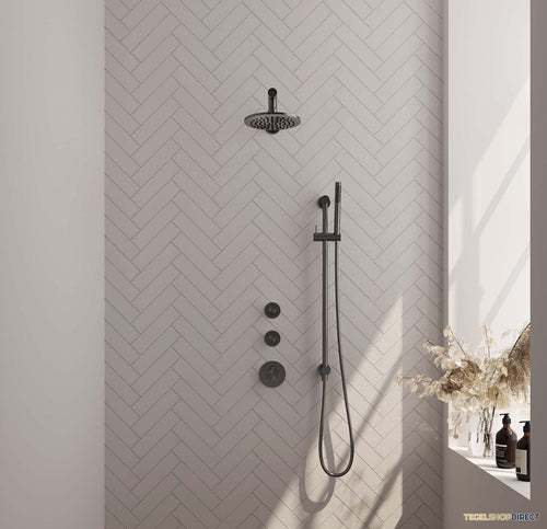 Regendoucheset Inbouw Brauer Gunmetal Carving Thermostatisch 20cm met Wandarm, Glijstang en Handdouche Staaf Losse Stopkranen Geborsteld Gunmetal
