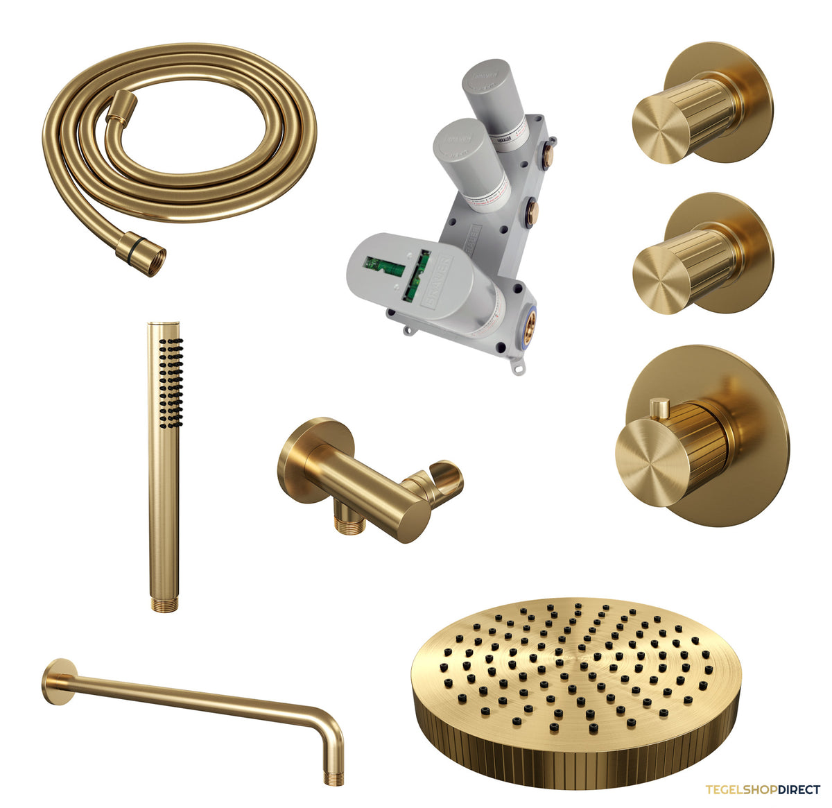 Brauer Stripe thermostatische inbouw regendouche SET 02 met 25 cm douchekop en gebogen muurarm en staaf handdouche en doucheslang en wandaansluitbocht goud geborsteld PVD – afbeelding 3
