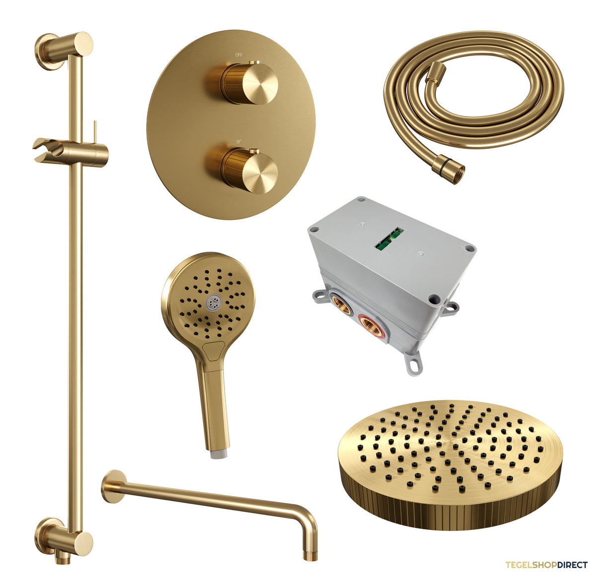 Brauer Stripe thermostatische inbouw regendouche 3-weg rond SET 47 met 25 cm douchekop en gebogen muurarm en 3-standen handdouche en doucheslang en geintegreerde glijstang goud geborsteld PVD – afbeelding 3