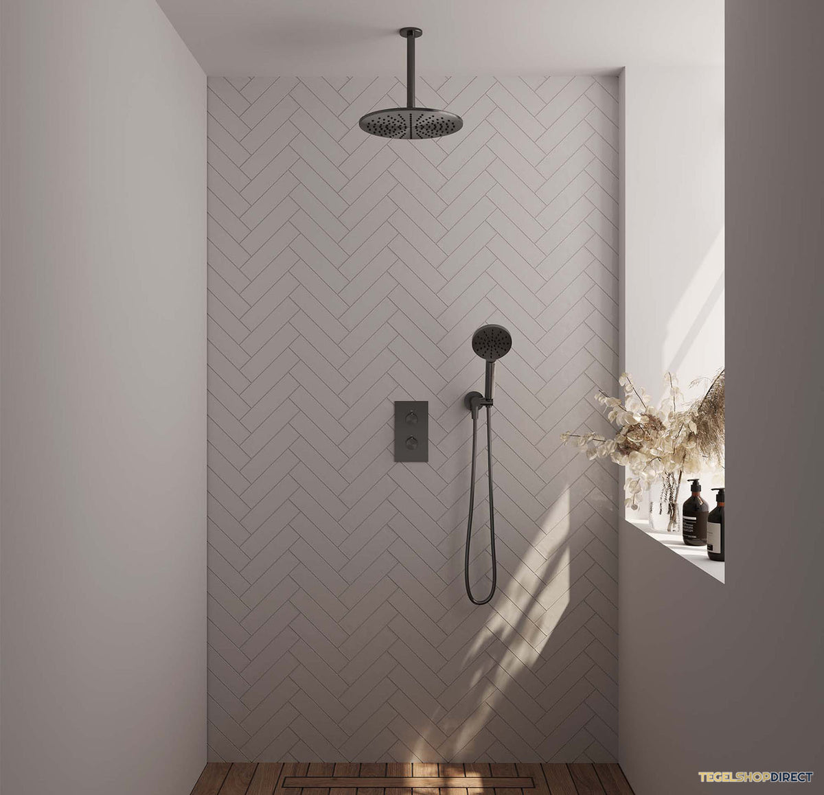 Regendoucheset Inbouw Brauer Gunmetal Edition Thermostatisch 30cm met 3-Weg Omstelling, Plafondarm en 3-Standen Handdouche Geborsteld Gunmetal – afbeelding 2