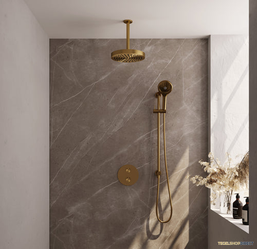 Brauer Stripe thermostatische inbouw regendouche 3-weg rond SET 48 met 25 cm douchekop en plafondarm en 3-standen handdouche en doucheslang en geintegreerde glijstang goud geborsteld PVD