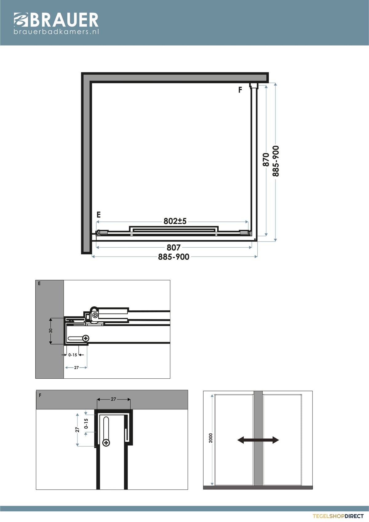 BRAUER Luminis Douchecabine 2-Delig Naar Binnen Draaiend 90x90x200 Omkeerbaar Helder Glas Incl. Glascoating PVD Gunmetal Geborsteld – afbeelding 6