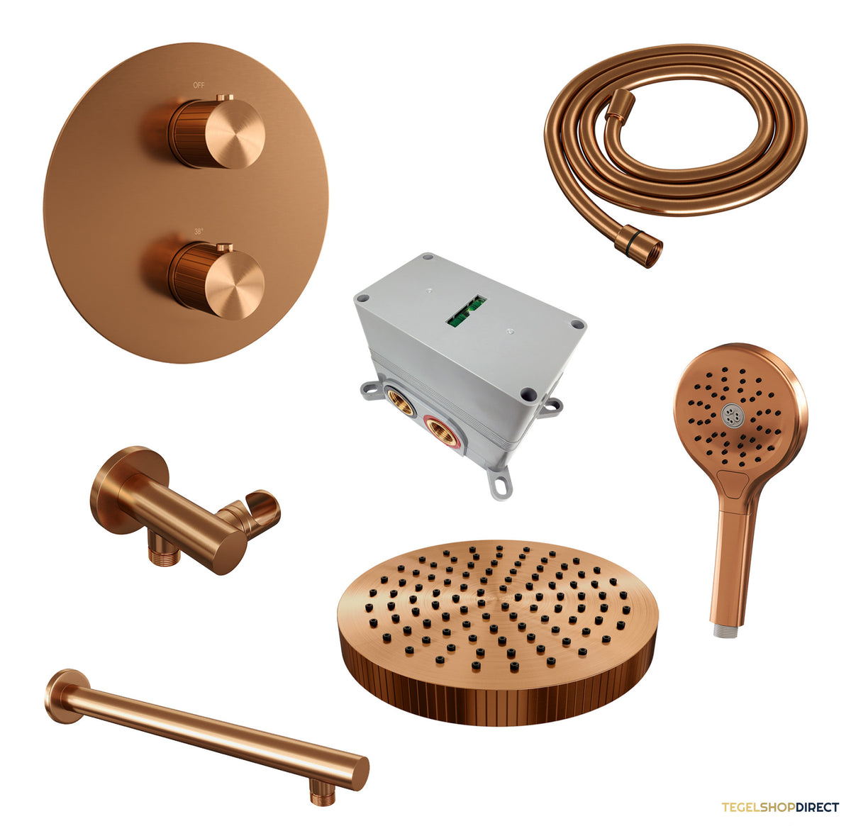 Brauer Stripe thermostatische inbouw regendouche 3-weg rond SET 40 met 25 cm douchekop en rechte muurarm en 3-standen handdouche en doucheslang en wandaansluitbocht koper geborsteld PVD – afbeelding 3