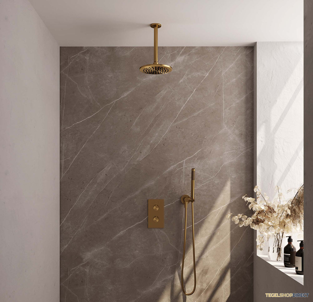 Regendoucheset Inbouw Brauer Gold Carving Thermostatisch 20cm met 3-Weg Omstelling, Plafondarm en Staaf Handdouche Geborsteld Goud