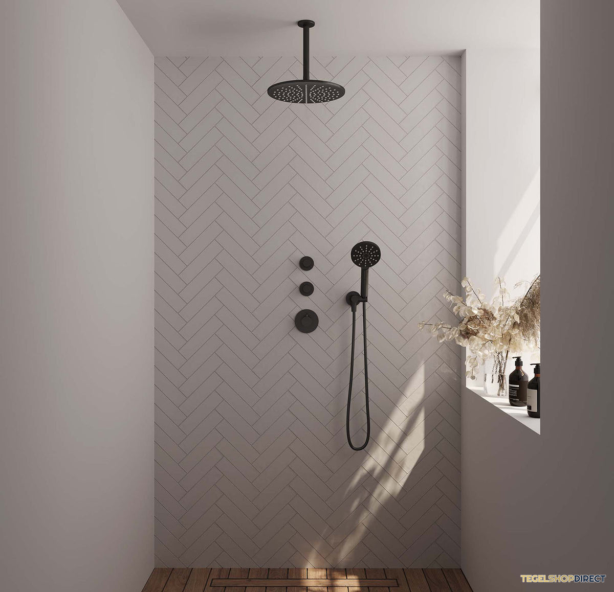 Regendoucheset Inbouw Brauer Black Carving Thermostatisch 30cm met Plafondarm en Handdouche 3-Standen Losse Stopkranen Mat Zwart – afbeelding 2