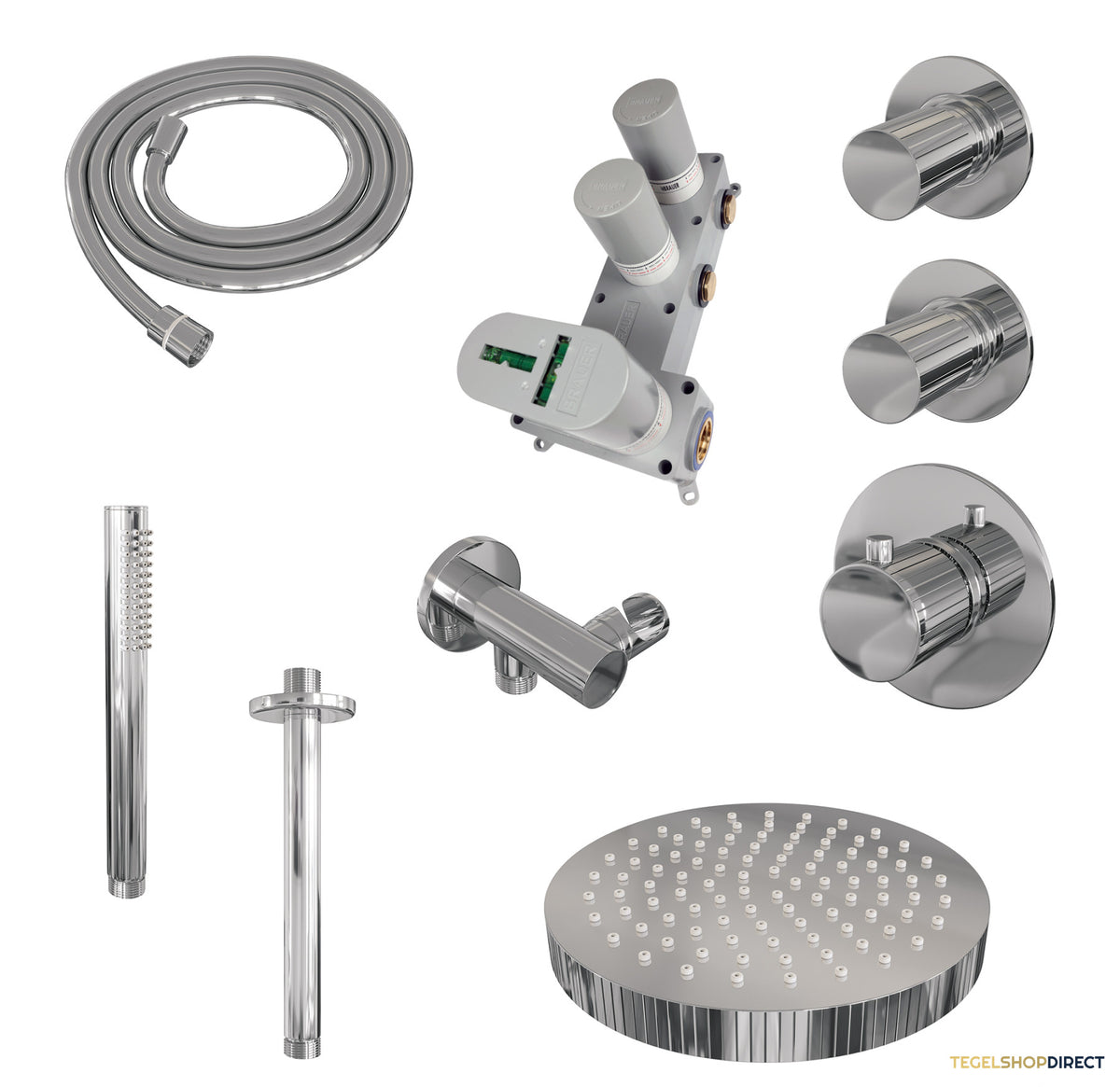Brauer Stripe thermostatische inbouw regendouche SET 03 met 25 cm douchekop en plafondarm en staaf handdouche en doucheslang en wandaansluitbocht chroom – afbeelding 3