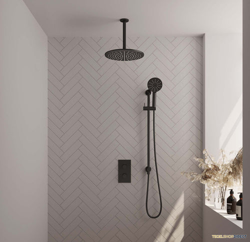 Regendoucheset Inbouw Brauer Black Carving Thermostatisch 30cm met 3-Weg Omstelling, Plafondarm, Glijstang en Handdouche 3-Standen Mat Zwart