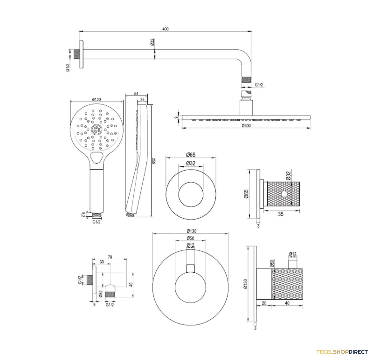 Regendoucheset Inbouw Brauer Brushed Carving Thermostatisch 30cm met Gebogen Wandarm en Handdouche 3-Standen Losse Stopkranen Geborsteld RVS – afbeelding 12
