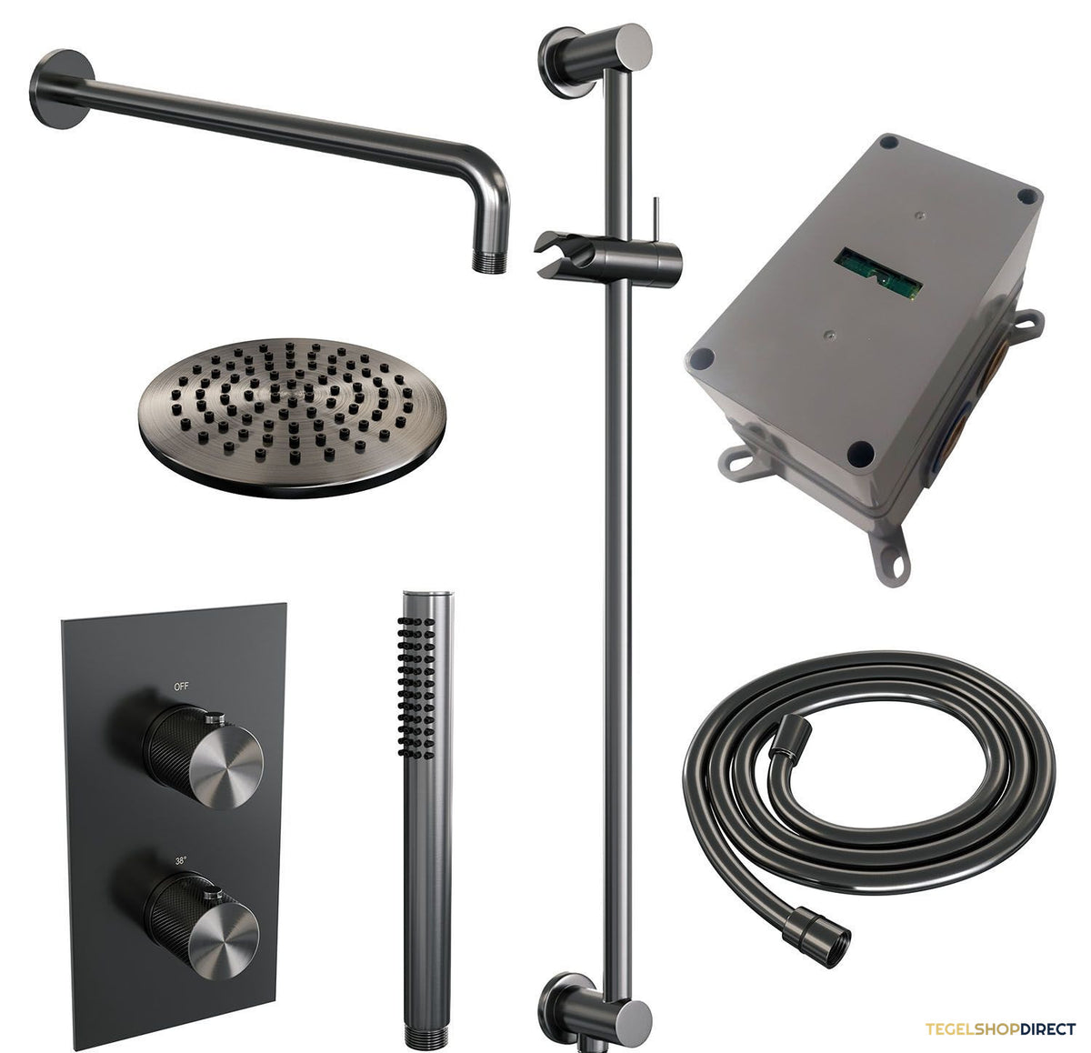 Regendoucheset Inbouw Brauer Gunmetal Carving Thermostatisch 20cm met 3-Weg Omstelling, Gebogen Wandarm, Glijstang en Staaf Handdouche Geborsteld Gunmetal – afbeelding 4