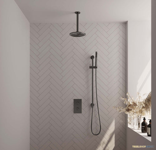 Regendoucheset Inbouw Brauer Gunmetal Carving Thermostatisch 20cm met 3-Weg Omstelling, Plafondarm, Glijstang en Staaf Handdouche Geborsteld Gunmetal