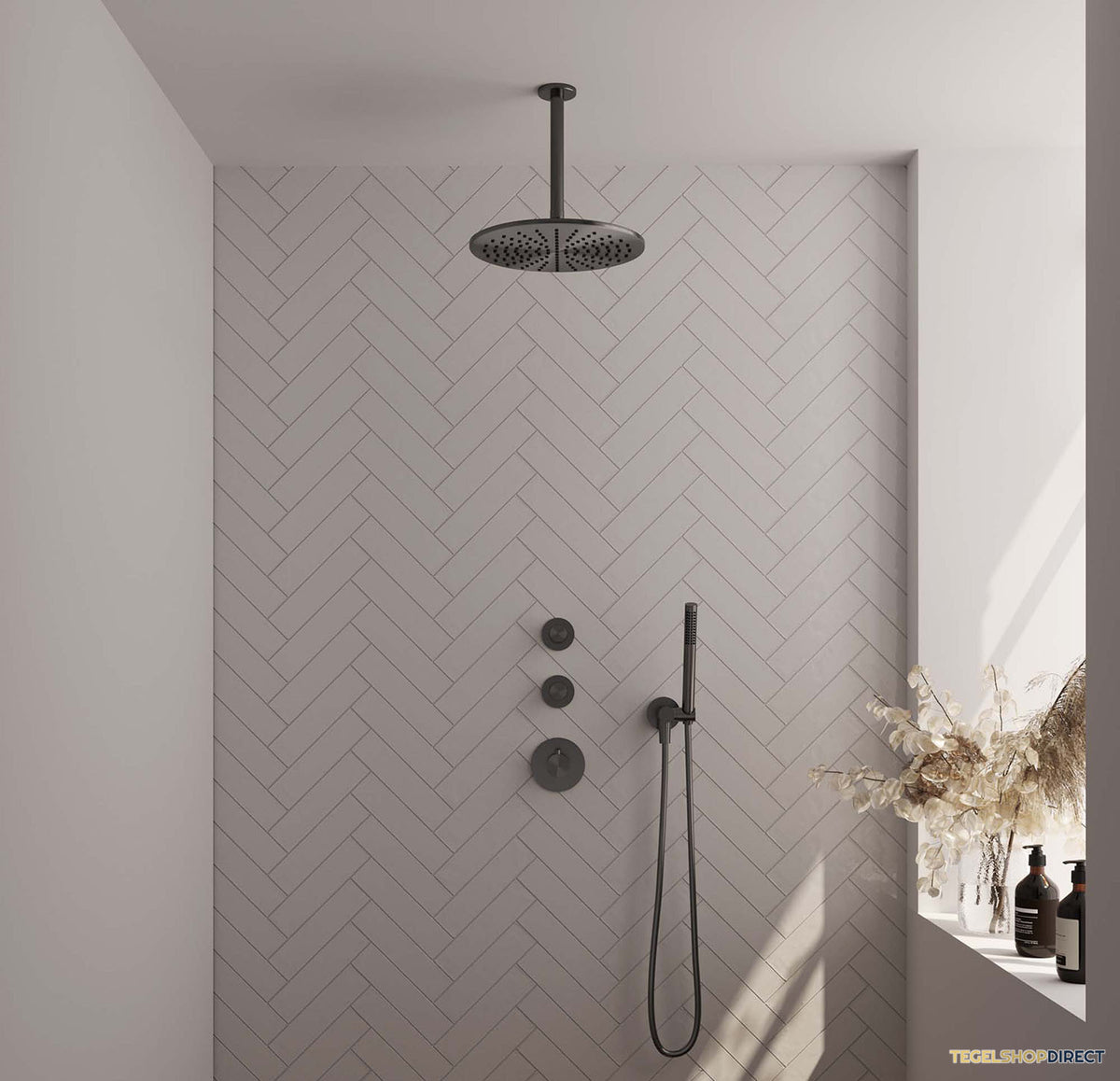 Regendoucheset Inbouw Brauer Gunmetal Carving Thermostatisch 30cm met Plafondarm en Handdouche Staaf Losse Stopkranen Geborsteld Gunmetal