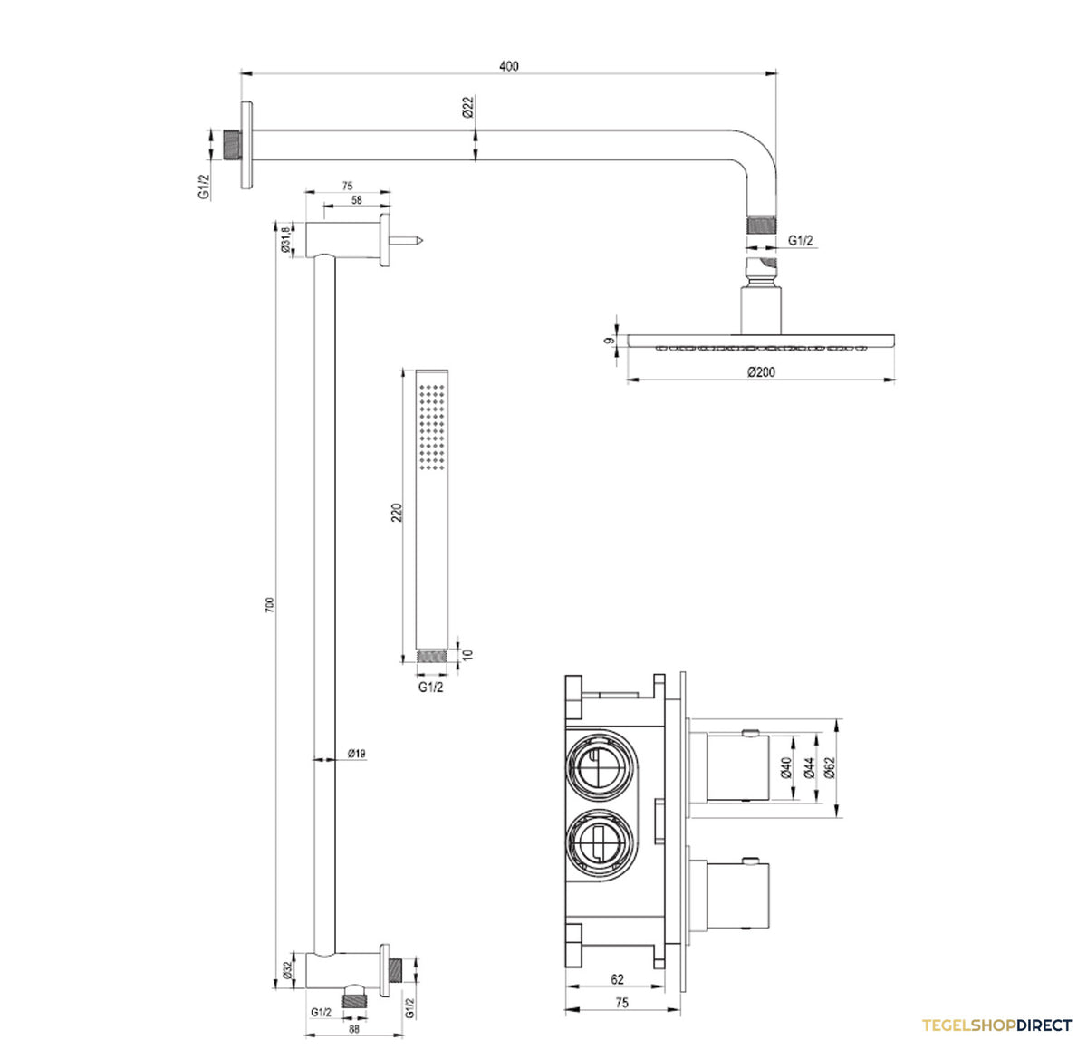 Regendoucheset Inbouw Brauer Gold Edition Thermostatisch 20cm met 3-Weg Omstelling, Gebogen Wandarm, Glijstang en Staaf Handdouche Geborsteld Goud – afbeelding 10