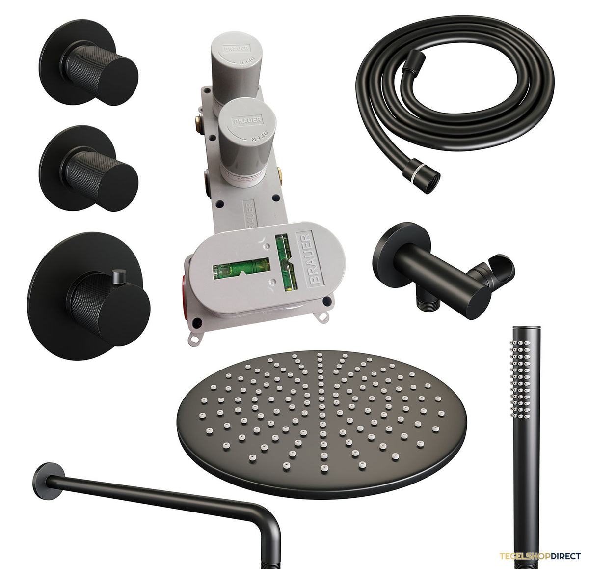 Regendoucheset Inbouw Brauer Black Carving Thermostatisch 30cm met Gebogen Wandarm en Handdouche Staaf Losse Stopkranen Mat Zwart – afbeelding 3