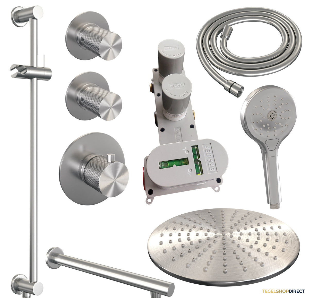 Regendoucheset Inbouw Brauer Brushed Carving Thermostatisch 30cm met Wandarm, Glijstang en Handdouche 3-Standen Losse Stopkranen Geborsteld RVS – afbeelding 10