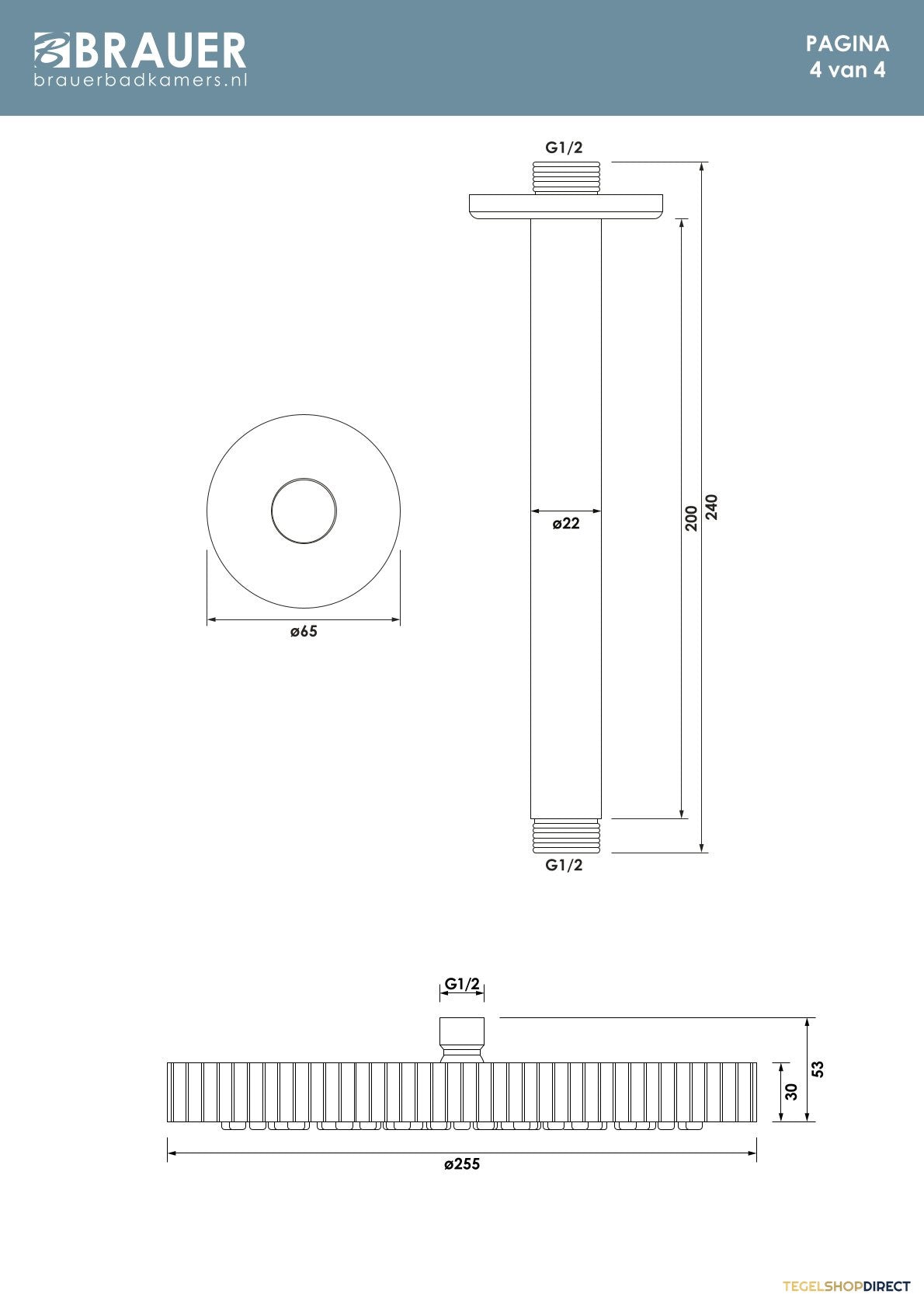 Brauer Stripe thermostatische inbouw regendouche 3-weg rond SET 39 met 25 cm douchekop en plafondarm en staaf handdouche en doucheslang en wandaansluitbocht goud geborsteld PVD – afbeelding 12