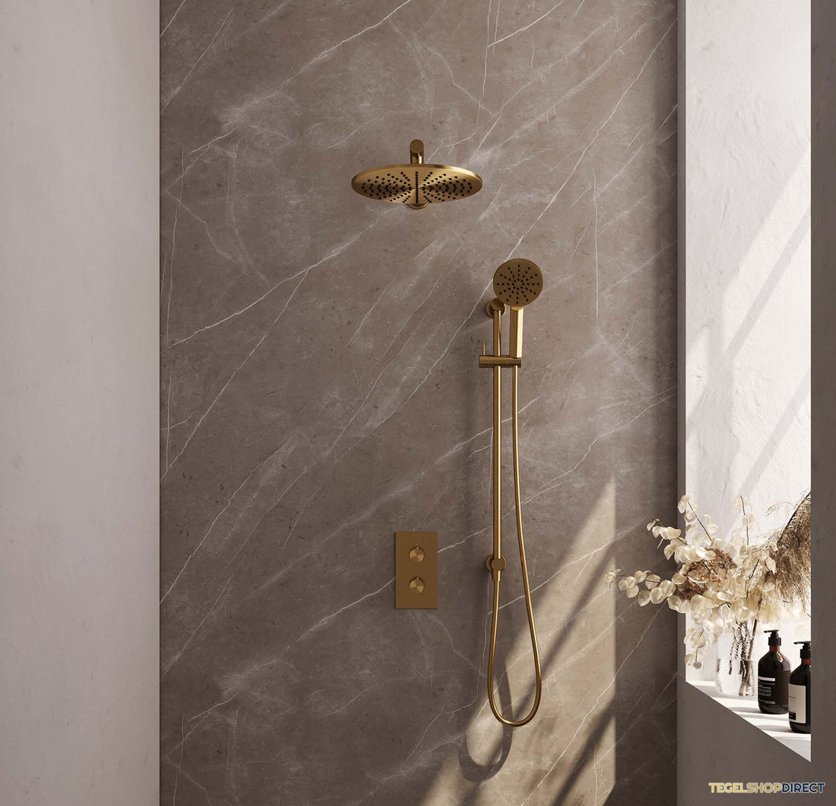 Regendoucheset Inbouw Brauer Gold Edition Thermostatisch 30cm met 3-Weg Omstelling, Wandarm, Glijstang en 3-Standen Handdouche Geborsteld Goud