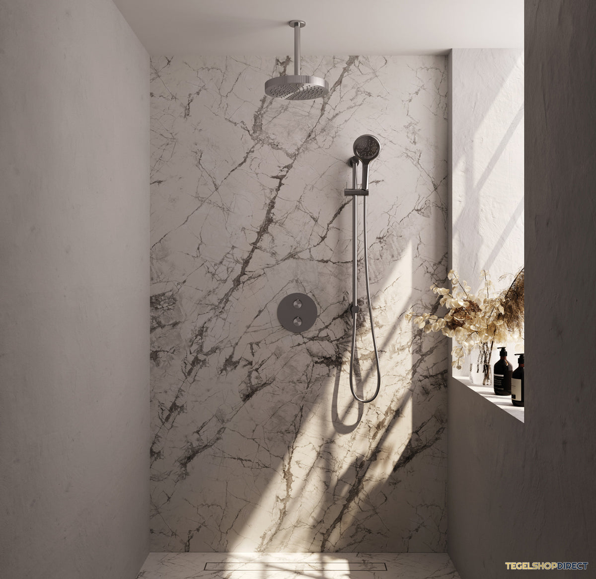 Brauer Stripe thermostatische inbouw regendouche 3-weg rond SET 48 met 25 cm douchekop en plafondarm en 3-standen handdouche en doucheslang en geintegreerde glijstang RVS-kleurig geborsteld PVD – afbeelding 2