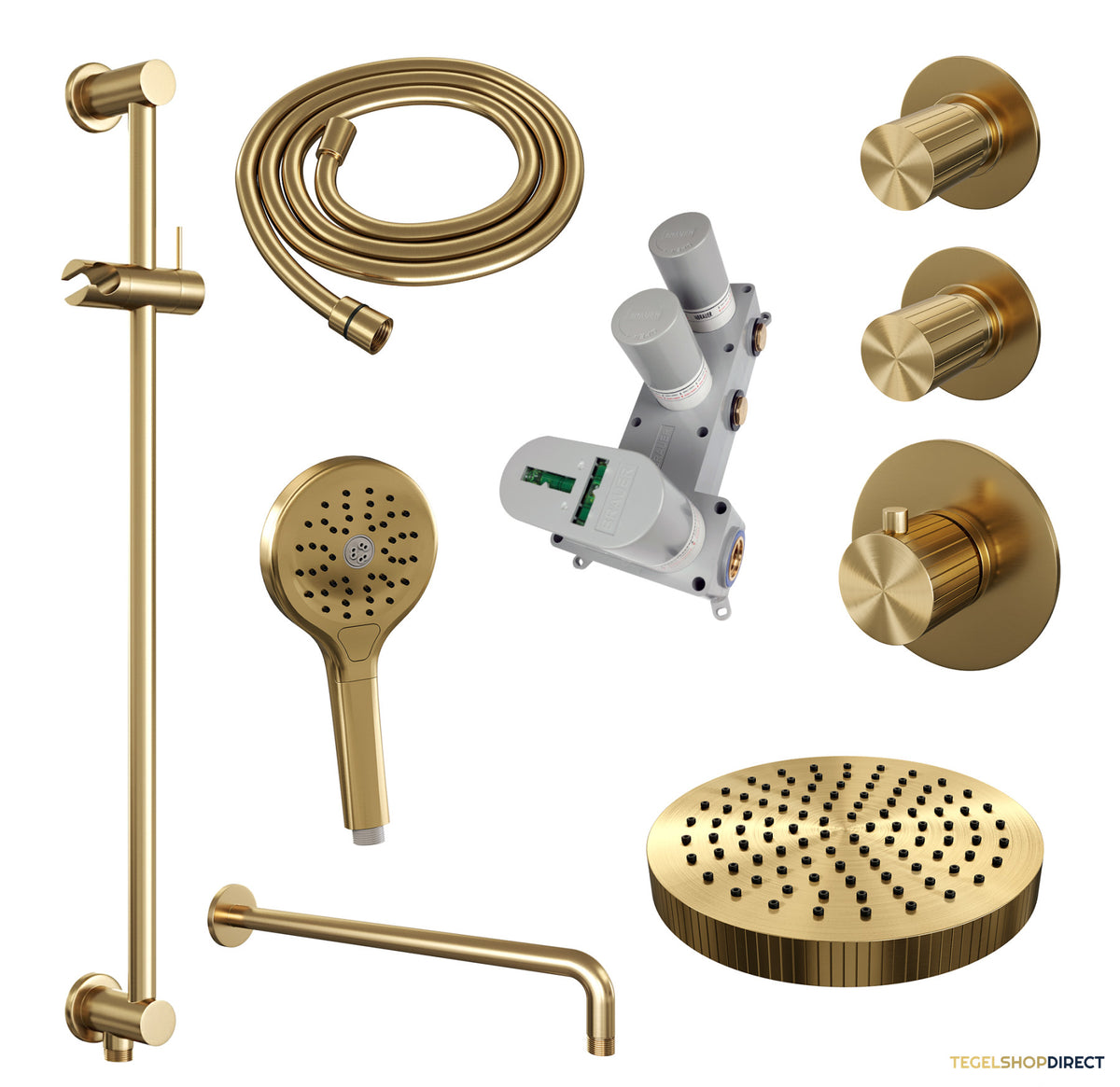 Brauer Stripe thermostatische inbouw regendouche SET 11 met 25 cm douchekop en gebogen muurarm en 3-standen handdouche en doucheslang en geintegreerde glijstang goud geborsteld PVD – afbeelding 3
