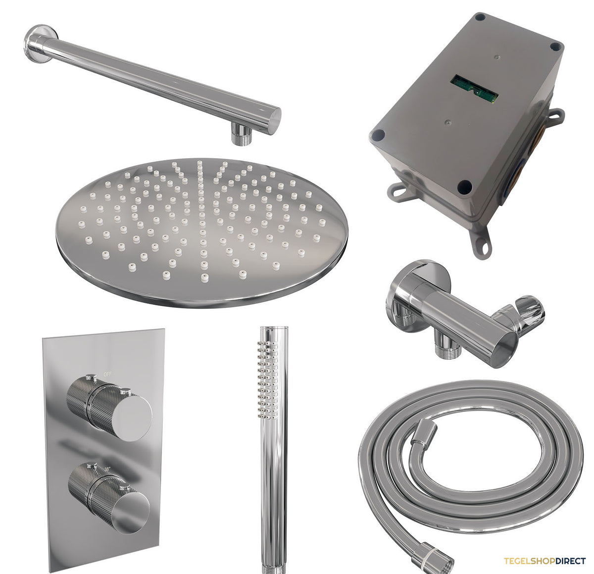 Regendoucheset Inbouw Brauer Chrome Carving Thermostatisch 30cm met 3-Weg Omstelling, Wandarm en Staaf Handdouche Chroom – afbeelding 4