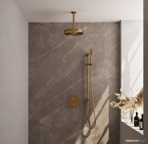 Brauer Stripe thermostatische inbouw regendouche 3-weg rond SET 45 met 25 cm douchekop en plafondarm en staaf handdouche en doucheslang en geintegreerde glijstang goud geborsteld PVD