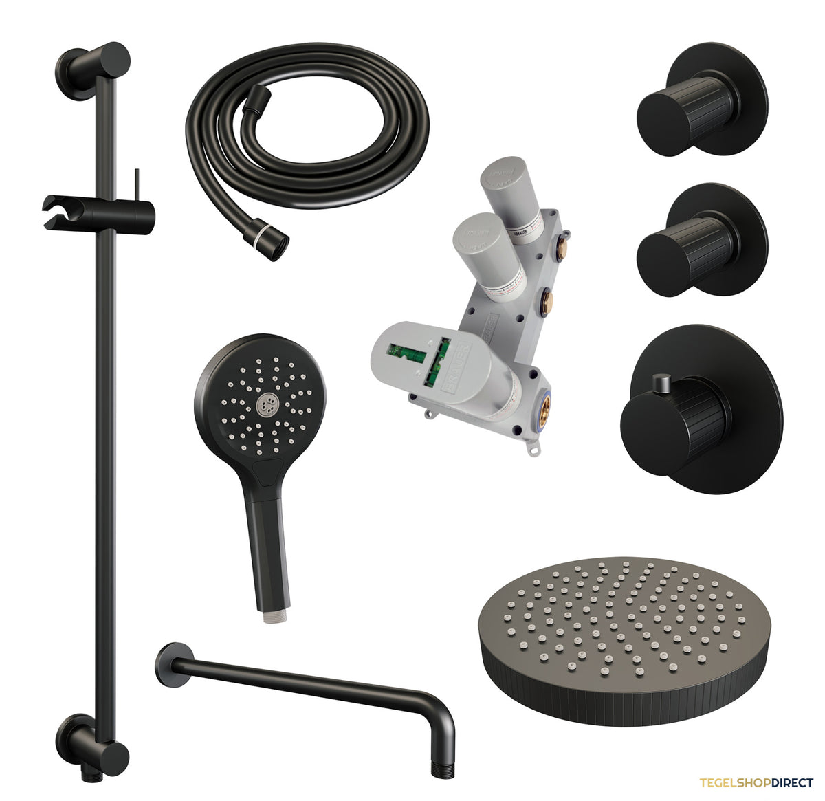 Brauer Stripe thermostatische inbouw regendouche SET 11 met 25 cm douchekop en gebogen muurarm en 3-standen handdouche en doucheslang en geintegreerde glijstang mat zwart – afbeelding 3