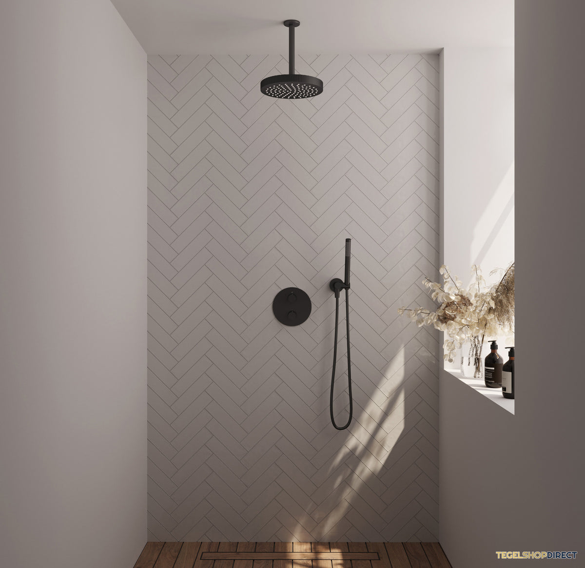 Brauer Stripe thermostatische inbouw regendouche 3-weg rond SET 39 met 25 cm douchekop en plafondarm en staaf handdouche en doucheslang en wandaansluitbocht mat zwart – afbeelding 2