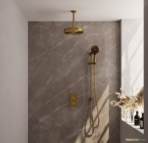 Brauer Stripe thermostatische inbouw regendouche 3-weg rechthoekig SET 24 met 25 cm douchekop en plafondarm en 3-standen handdouche en doucheslang en geintegreerde glijstang goud geborsteld PVD