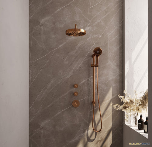 Brauer Stripe thermostatische inbouw regendouche SET 11 met 25 cm douchekop en gebogen muurarm en 3-standen handdouche en doucheslang en geintegreerde glijstang koper geborsteld PVD
