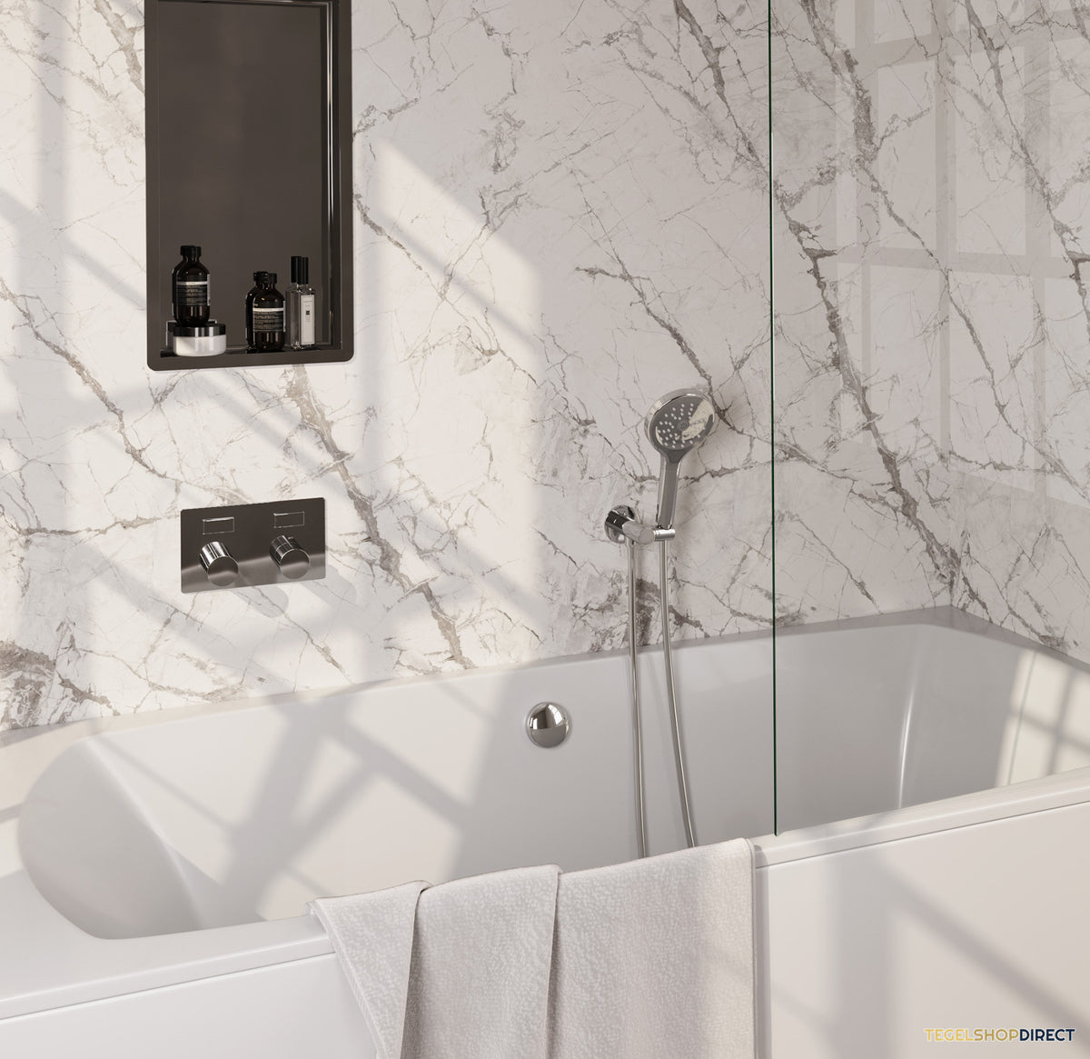 Brauer Stripe thermostatische inbouw badkraan met drukknoppen SET 04 met badvulcombinatie en 3-standen handdouche en doucheslang en wandaansluitbocht chroom