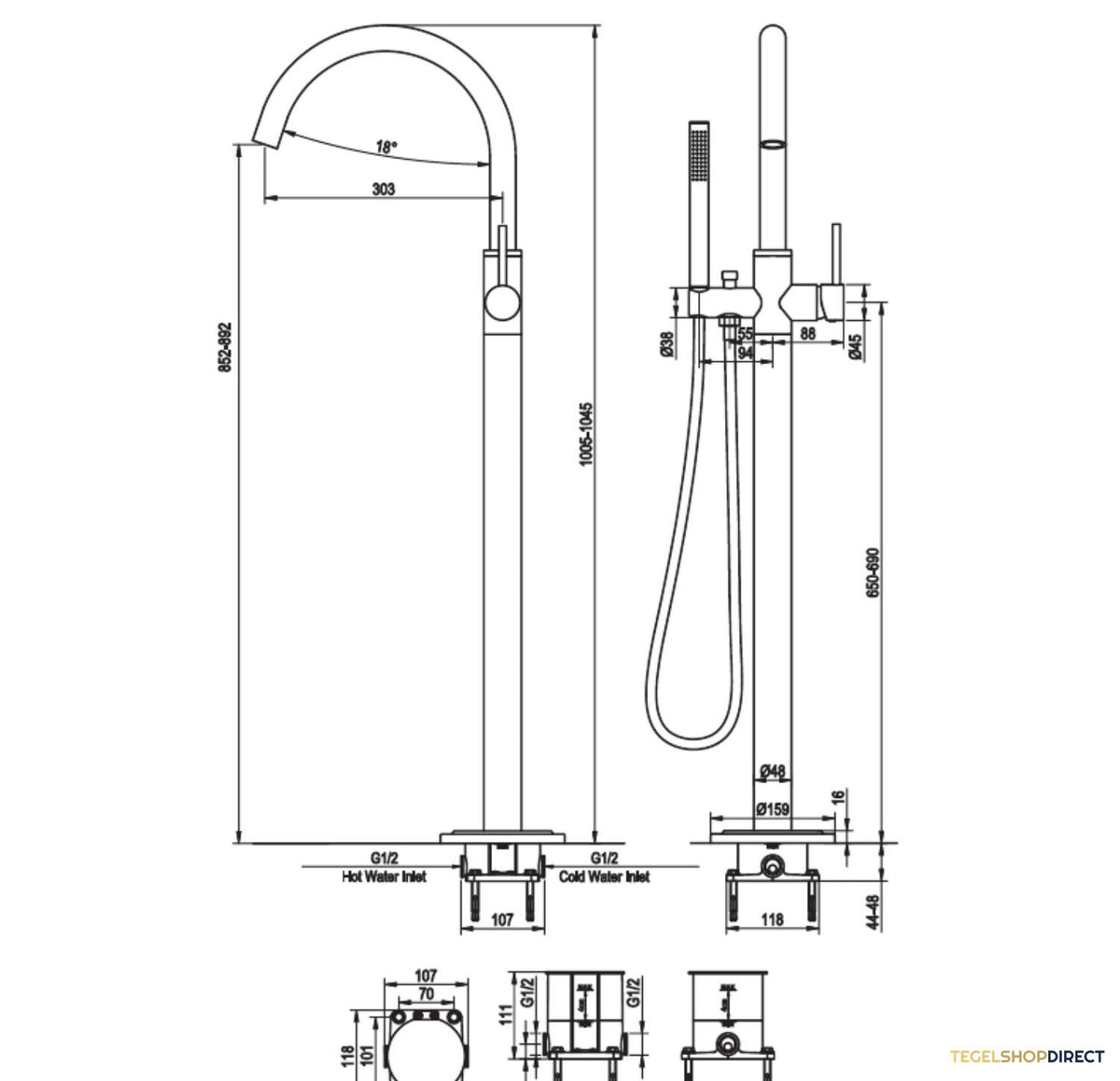 Badkraan Vrijstaand Brauer Gunmetal Edition met Staaf Handdouche Geborsteld Gunmetal – afbeelding 5