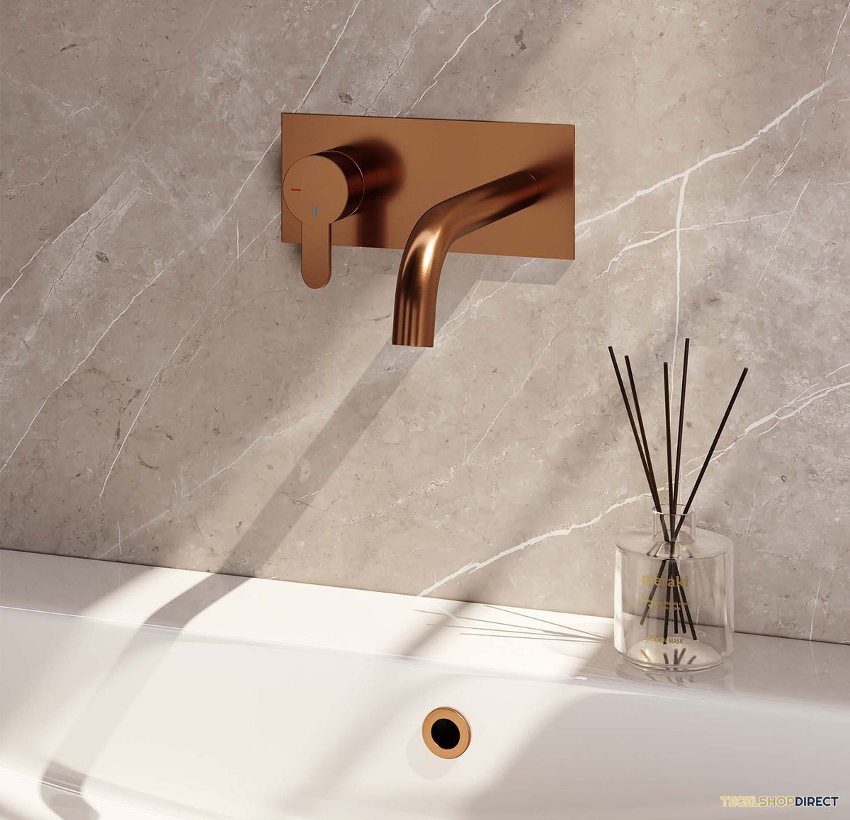 Inbouw Wastafelmengkraan Brauer Copper Edition Coldstart Gebogen Uitloop Korte Platte Hendel Links Geborsteld Koper PVD Met Afdekplaat – afbeelding 2
