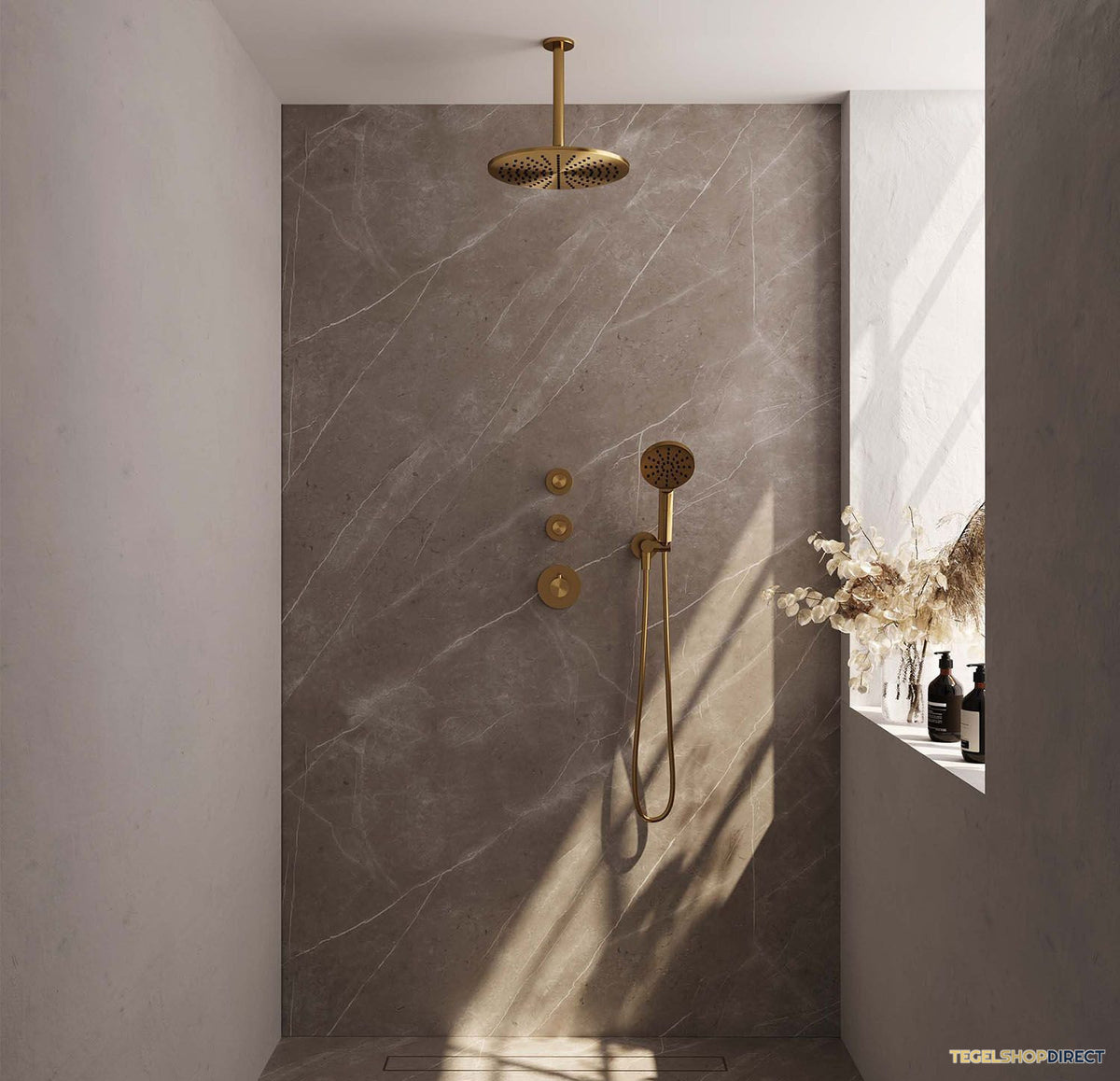 Regendoucheset Inbouw Brauer Gold Carving Thermostatisch 30cm met Plafondarm en Handdouche 3-Standen Losse Stopkranen Geborsteld Goud – afbeelding 2