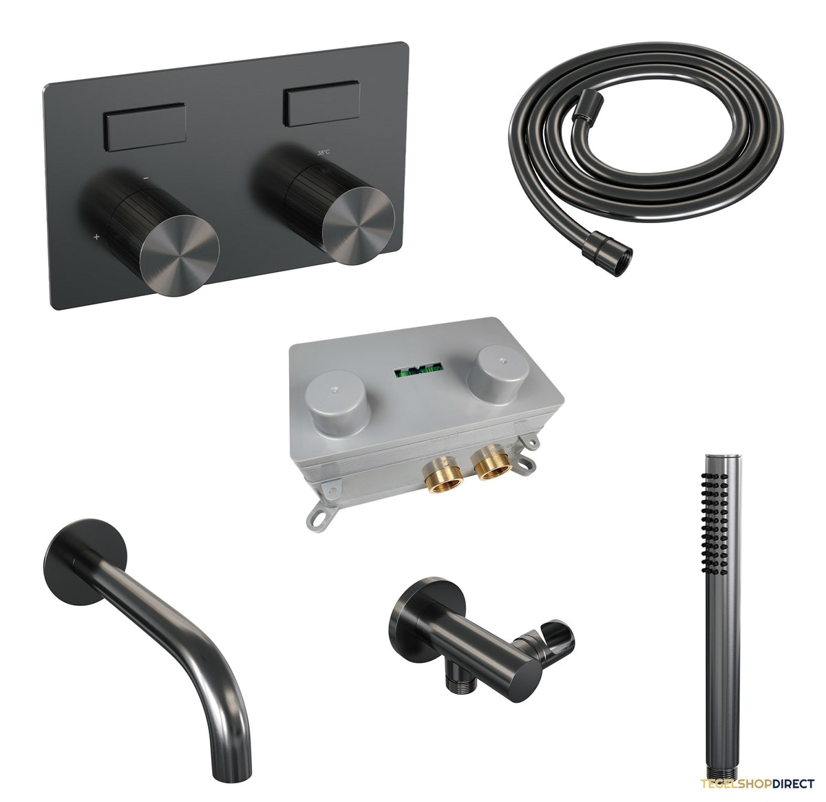 Brauer Stripe thermostatische inbouw badkraan met drukknoppen SET 03 met uitloop en staaf handdouche en doucheslang en wandaansluitbocht gunmetal geborsteld PVD – afbeelding 2