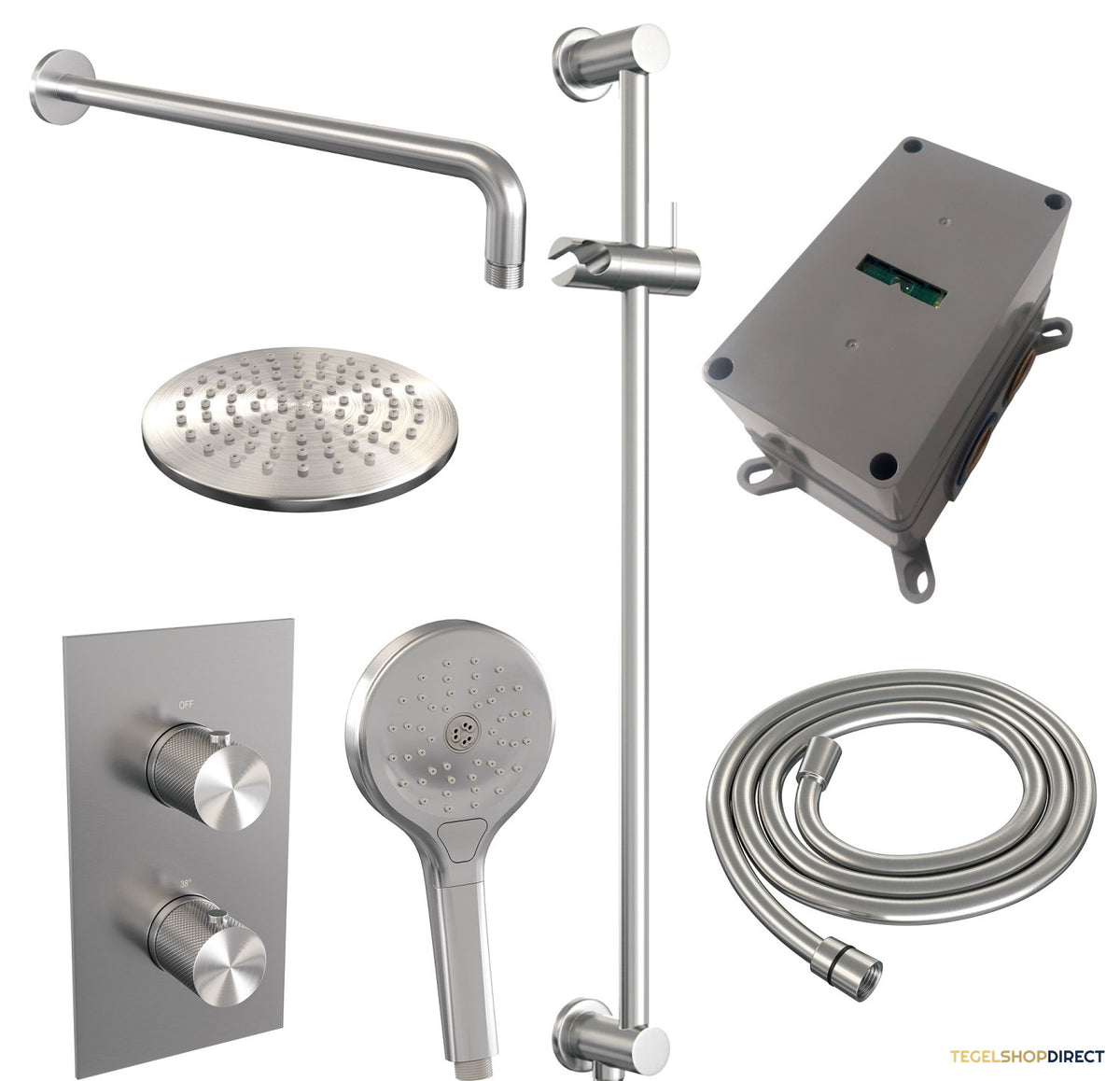 Regendoucheset Inbouw Brauer Brushed Carving Thermostatisch 20cm met 3-Weg Omstelling, Gebogen Wandarm, Glijstang en Handdouche 3-Standen Geborsteld RVS – afbeelding 10