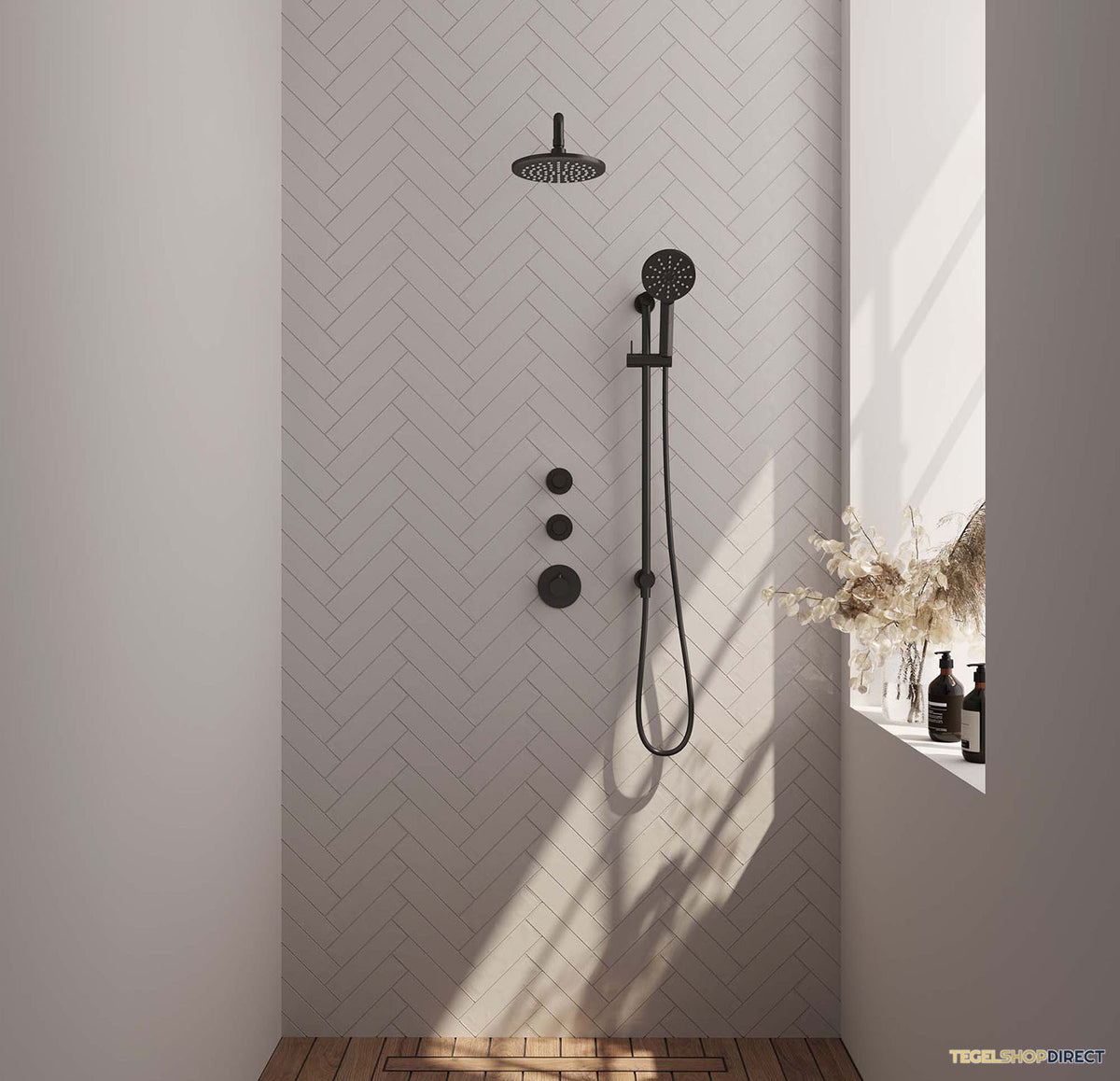 Inbouw Regendouche Set Brauer Black Edition Gebogen Wanduitloop Ronde Hoofddouche 20 cm Met Twee Stopkranen Handdouche 3 Standen en Glijstang Mat Zwart