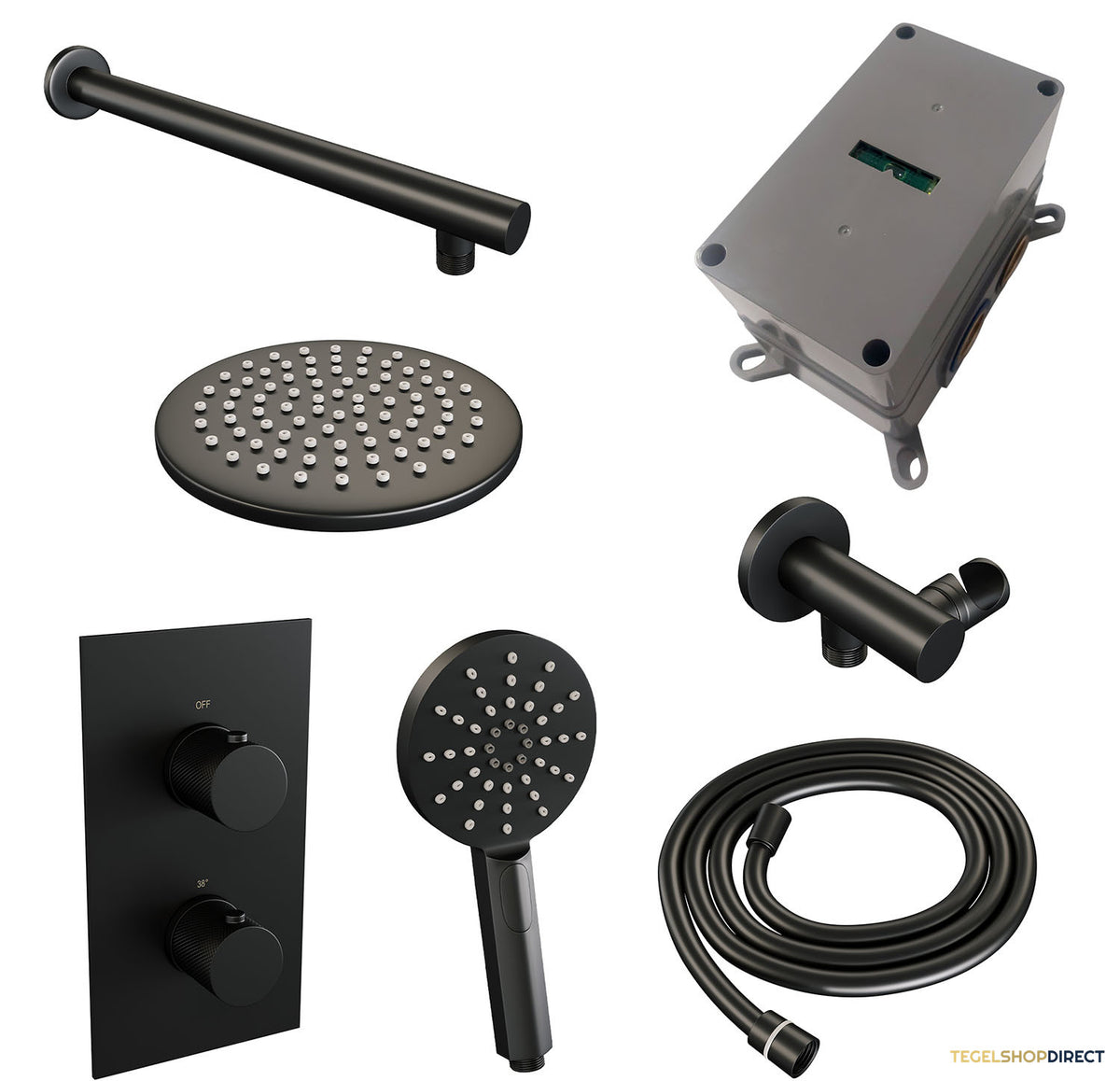 Regendoucheset Inbouw Brauer Black Carving Thermostatisch 20cm met 3-Weg Omstelling, Wandarm en 3-Standen Handdouche Mat Zwart – afbeelding 3