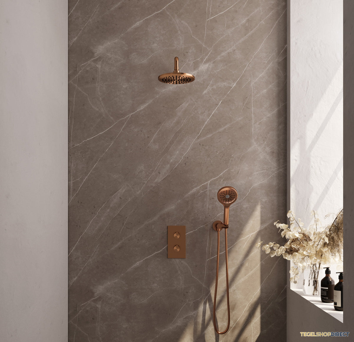 Inbouw Regendouche Set Brauer Copper Edition Gebogen Wanduitloop Ronde Hoofddouche 20 cm Met Handdouche 3 Standen Koper