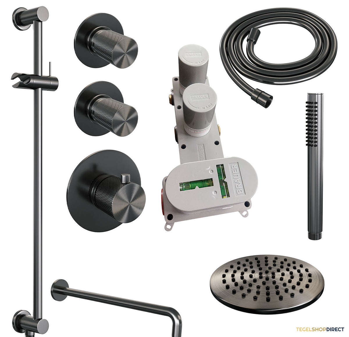 Regendoucheset Inbouw Brauer Gunmetal Carving Thermostatisch 20cm Gebogen Wandarm Glijstang en Handdouche Staaf Losse Stopkranen Geborsteld Gunmetal – afbeelding 4