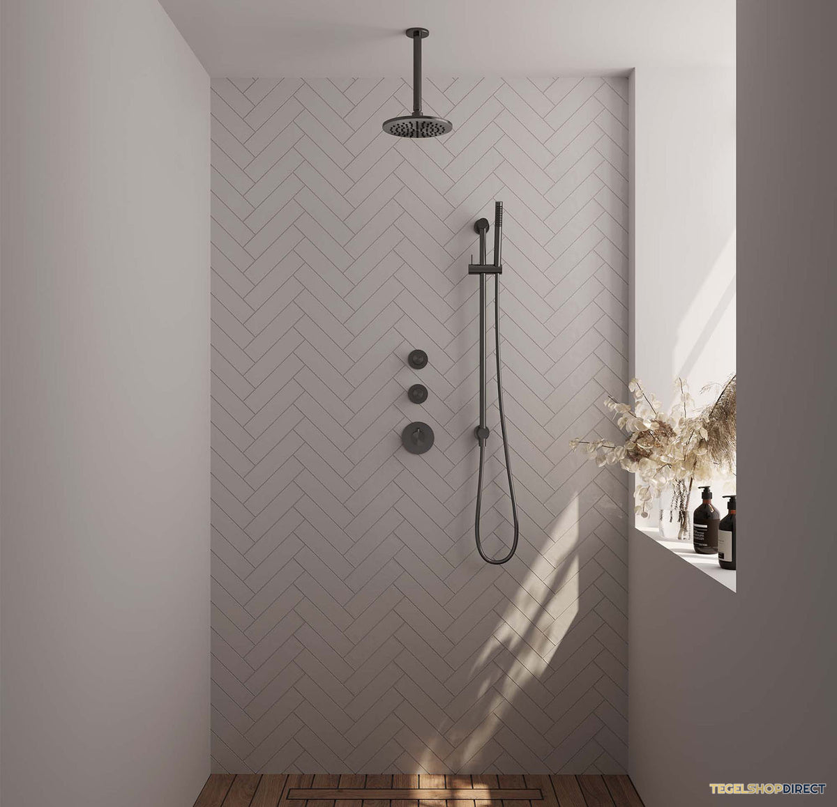 Regendoucheset Inbouw Brauer Gunmetal Carving Thermostatisch 20cm met Plafondarm, Glijstang en Handdouche Staaf Losse Stopkranen Geborsteld Gunmetal – afbeelding 2