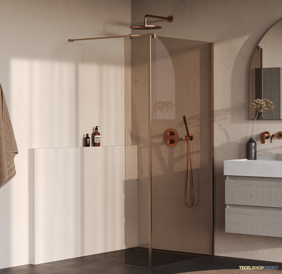 BRAUER Oblivion inloopdouche brons glas 100x200 met zijwand 30 incl. glascoating PVD koper geborsteld