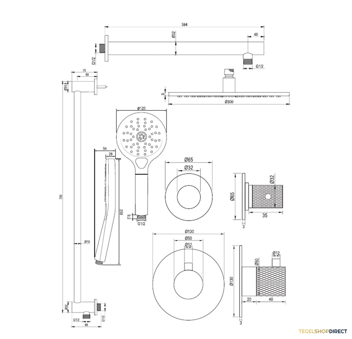 Regendoucheset Inbouw Brauer Copper Carving Thermostatisch 30cm met Wandarm, Glijstang en Handdouche 3-Standen Losse Stopkranen Geborsteld Koper – afbeelding 13