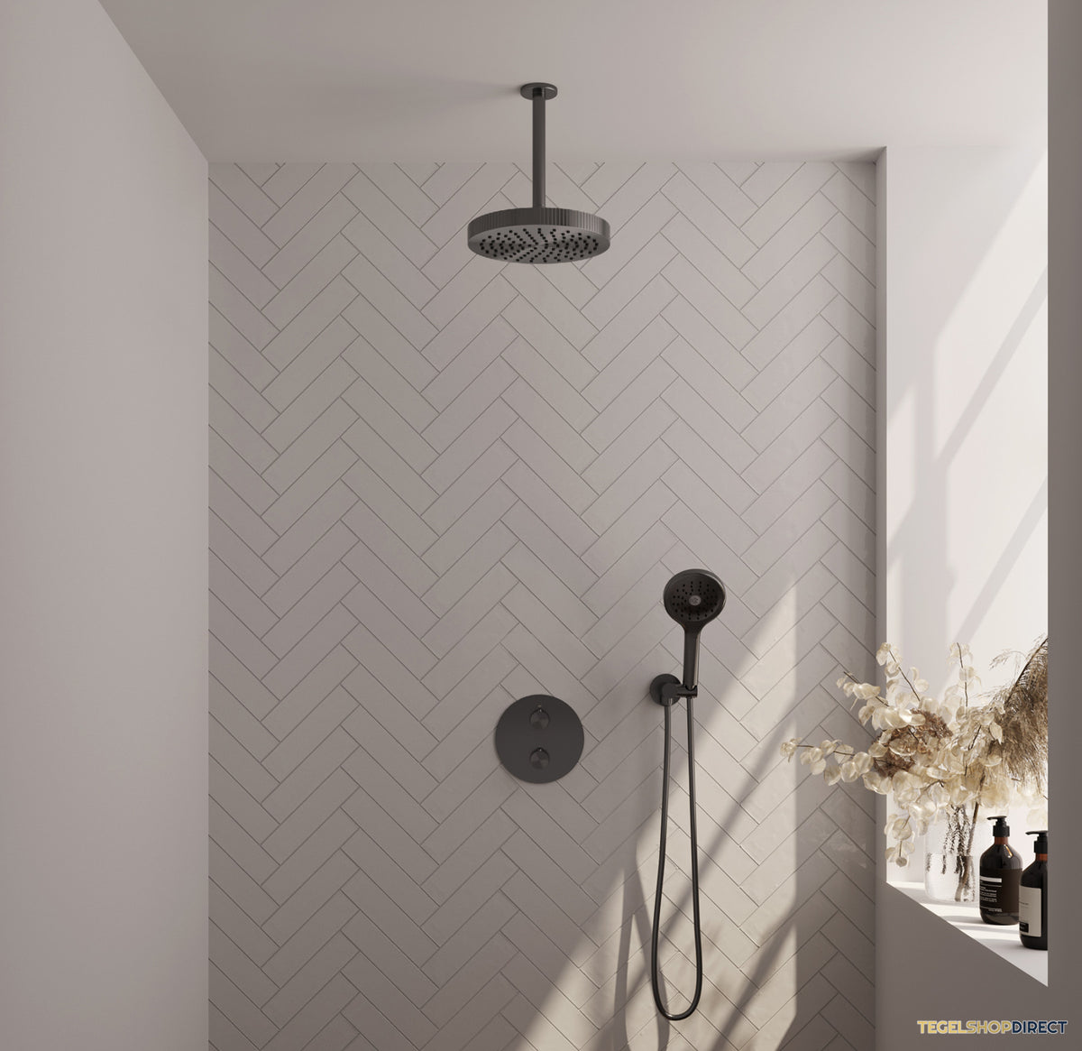 Brauer Stripe thermostatische inbouw regendouche 3-weg rond SET 42 met 25 cm douchekop en plafondarm en 3-standen handdouche en doucheslang en wandaansluitbocht gunmetal geborsteld PVD
