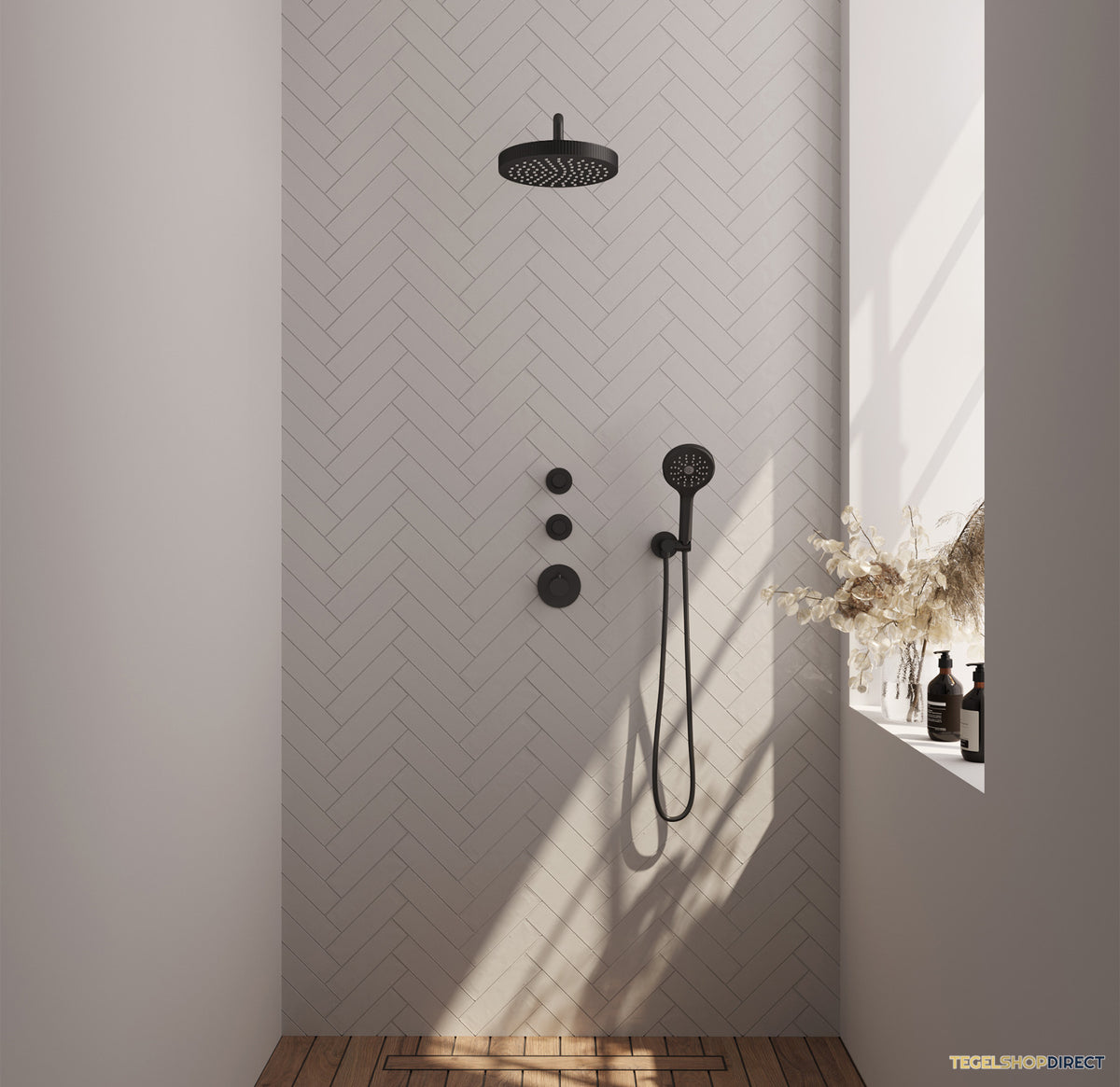 Brauer Stripe thermostatische inbouw regendouche SET 05 met 25 cm douchekop en gebogen muurarm en 3-standen handdouche en doucheslang en wandaansluitbocht mat zwart – afbeelding 2
