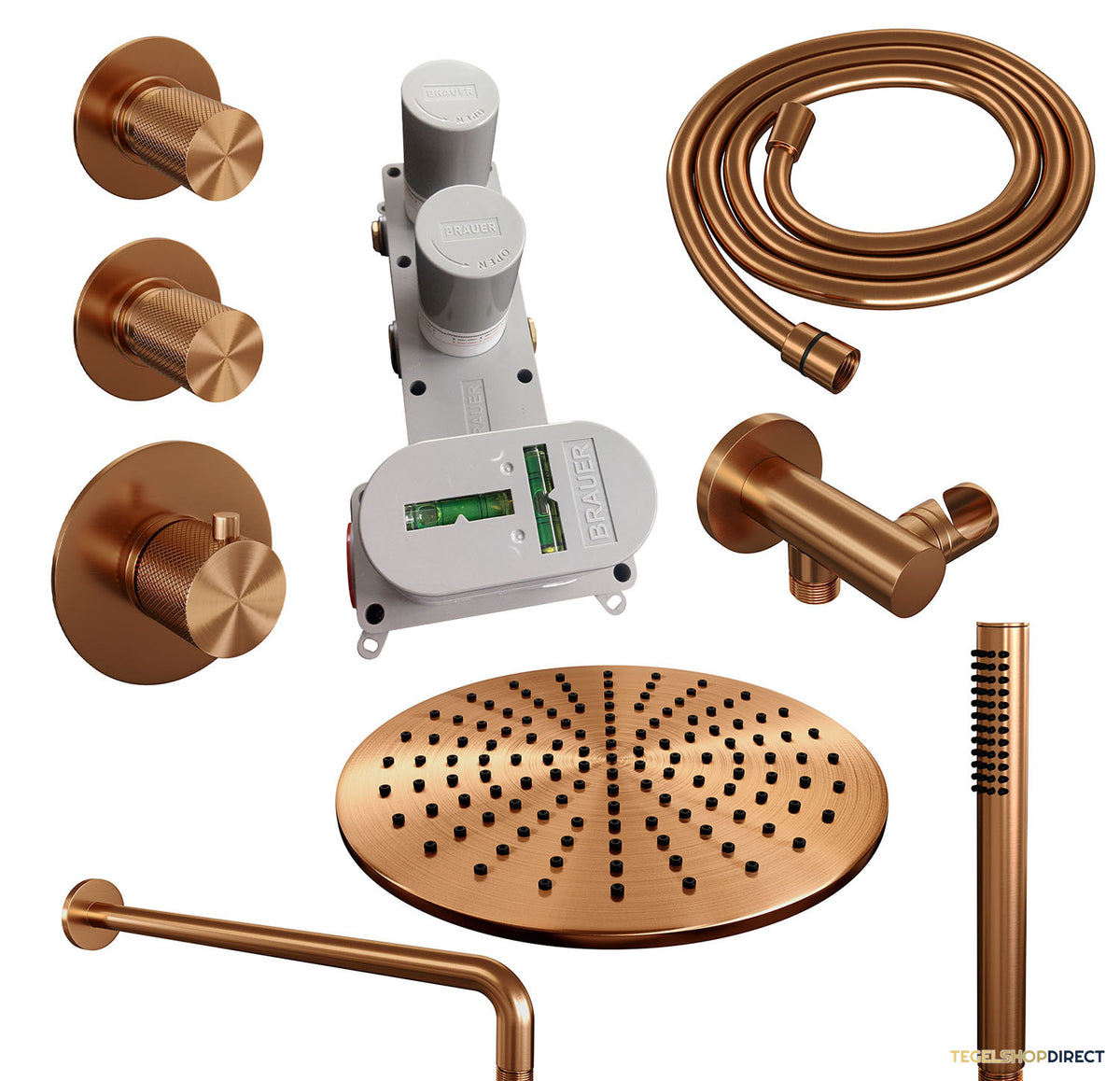 Regendoucheset Inbouw Brauer Copper Carving Thermostatisch 30cm met Gebogen Wandarm en Handdouche Staaf Losse Stopkranen Geborsteld Koper – afbeelding 3