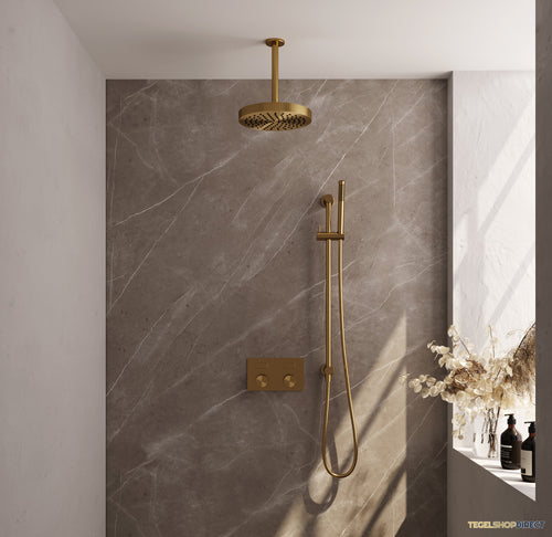 Brauer Stripe thermostatische inbouw regendouche met drukknoppen SET 33 met 25 cm douchekop en plafondarm en staaf handdouche en doucheslang en geintegreerde glijstang goud geborsteld PVD